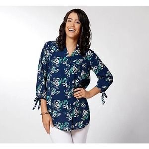 Joan Rivers Floral Print Tunic Top Bow Sleeves Navy blue Reg 6 New A310924